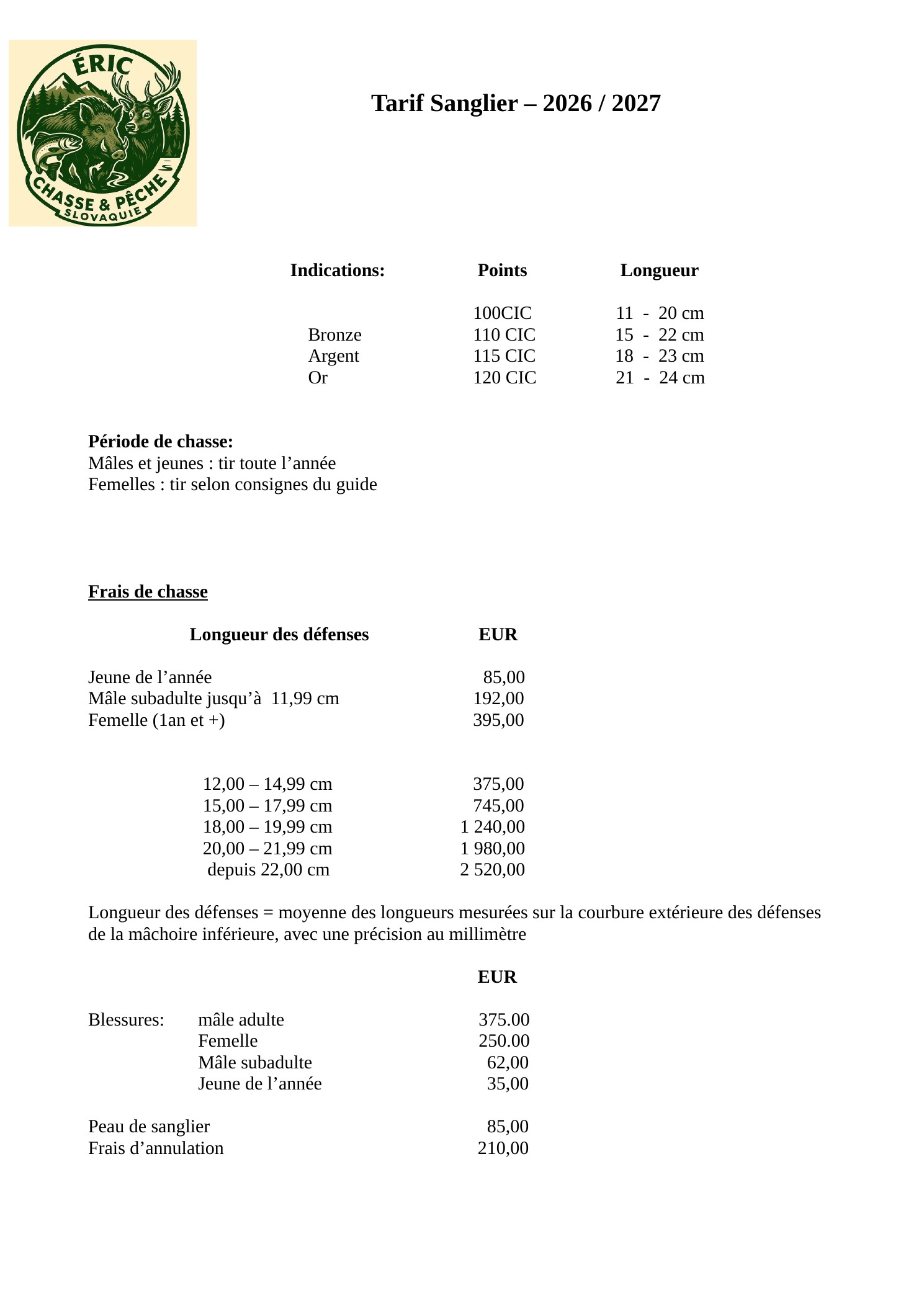 Aperçu du tarif Sanglier